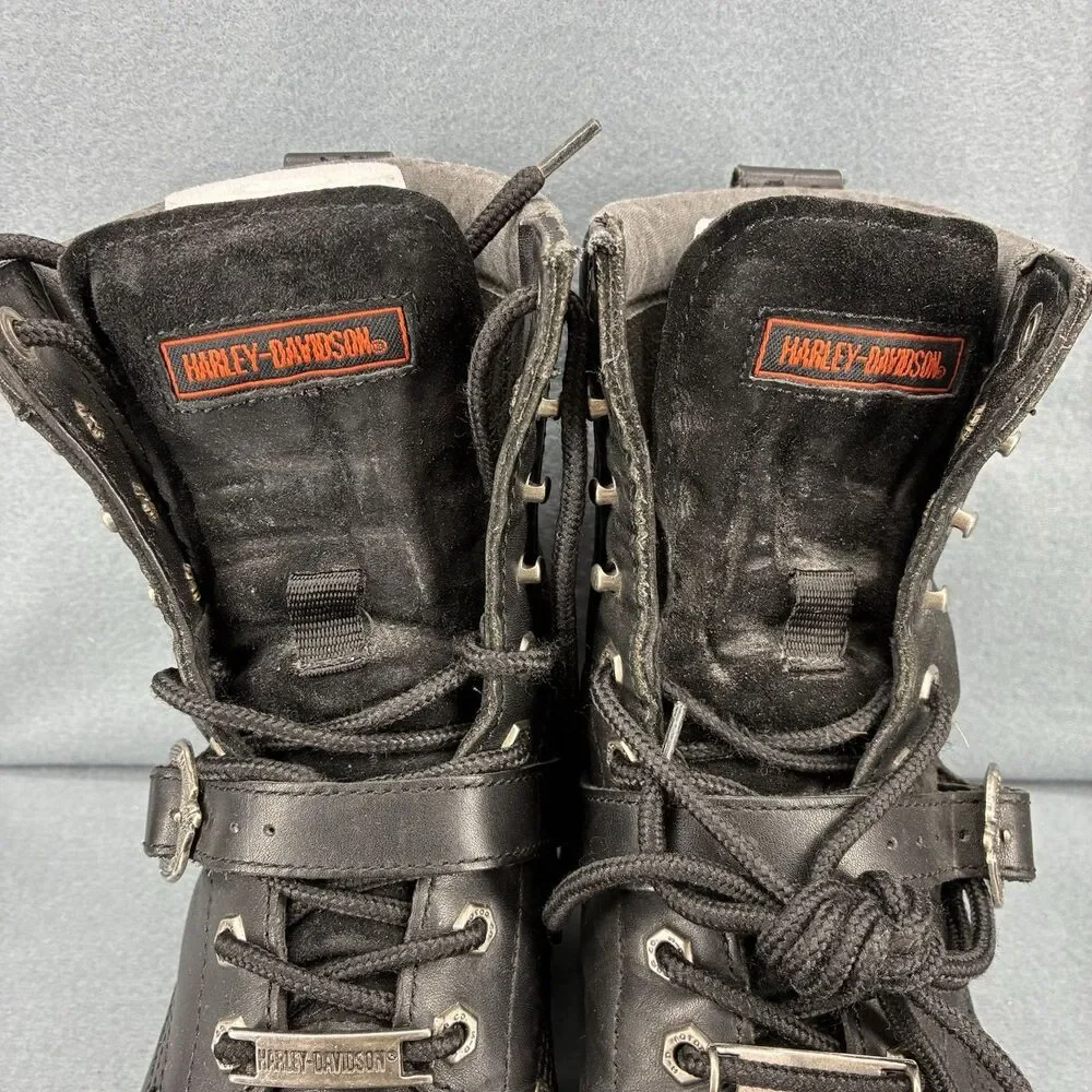Harley Davidson Men’s Black Leather Motorcycle Biker Boots Size 9 Buckle Lace